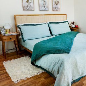 Sweet Palms-100% French Linen European Style Duvet Cover Set (Green, King Size)